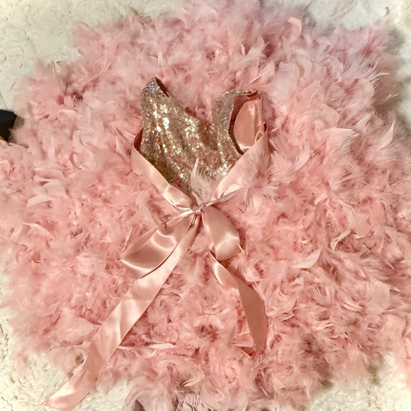 Pink Feathered Dress princess ball sequin photoshoot flower pageant crown lace - Picture 7 of 11